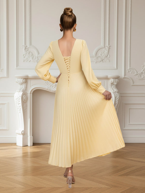 A-Line/Princess Long Sleeves Ankle-Length Prom Dresses with Pleated Satin Women Formal Gowns