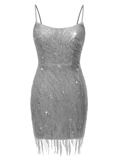 Sheath/Column Sleeveless Spaghetti Straps Short Cocktail Dresses with Sequins & Tassel