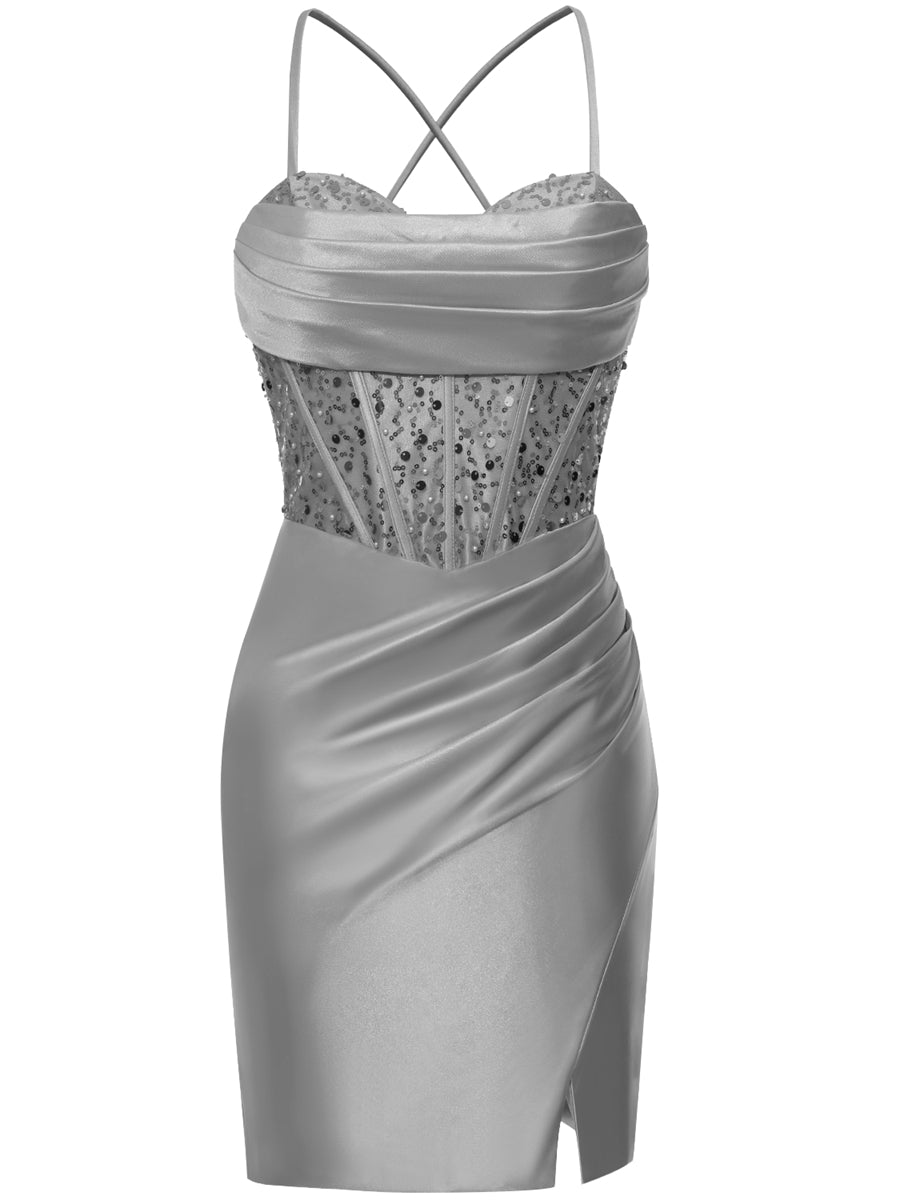 Sheath/Column Straps Short/Mini Ruched Cocktail Dresses with Appliques & Split Side