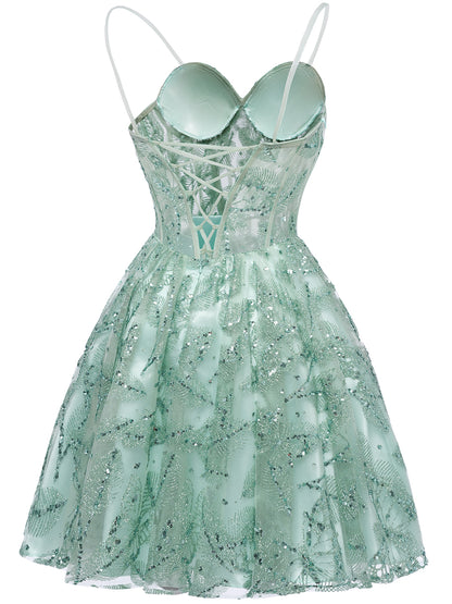 A-Line/Princess Straps Sleeveless Mini Sequined Cocktail Dresses with Lace Appliques