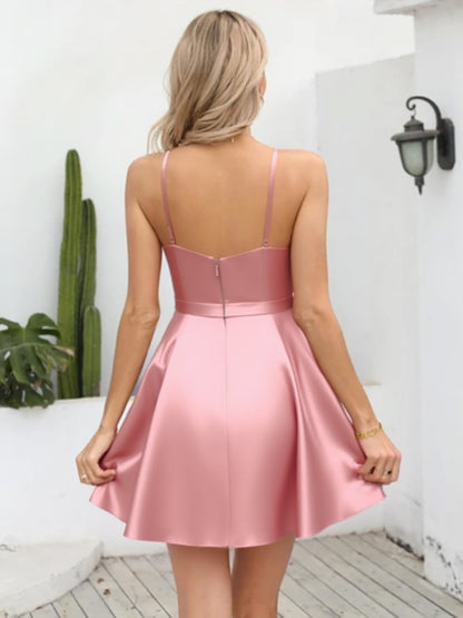 A-Line V-Neck Straps Sleeveless Ruched Short Cocktail Dresses with Belt & Pleats