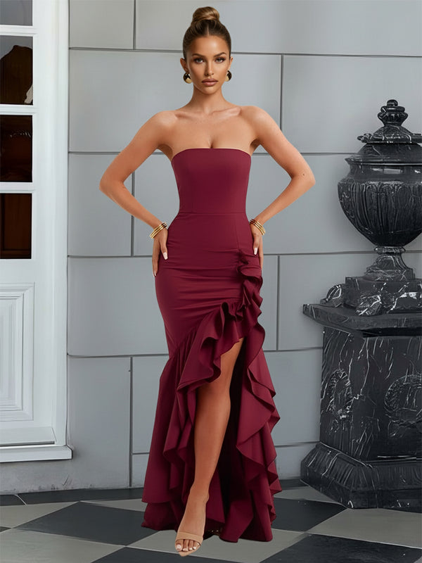 Bodycon Sleeveless Floor-Length Prom Dresses with Ruffle Slit Women Formal Gowns