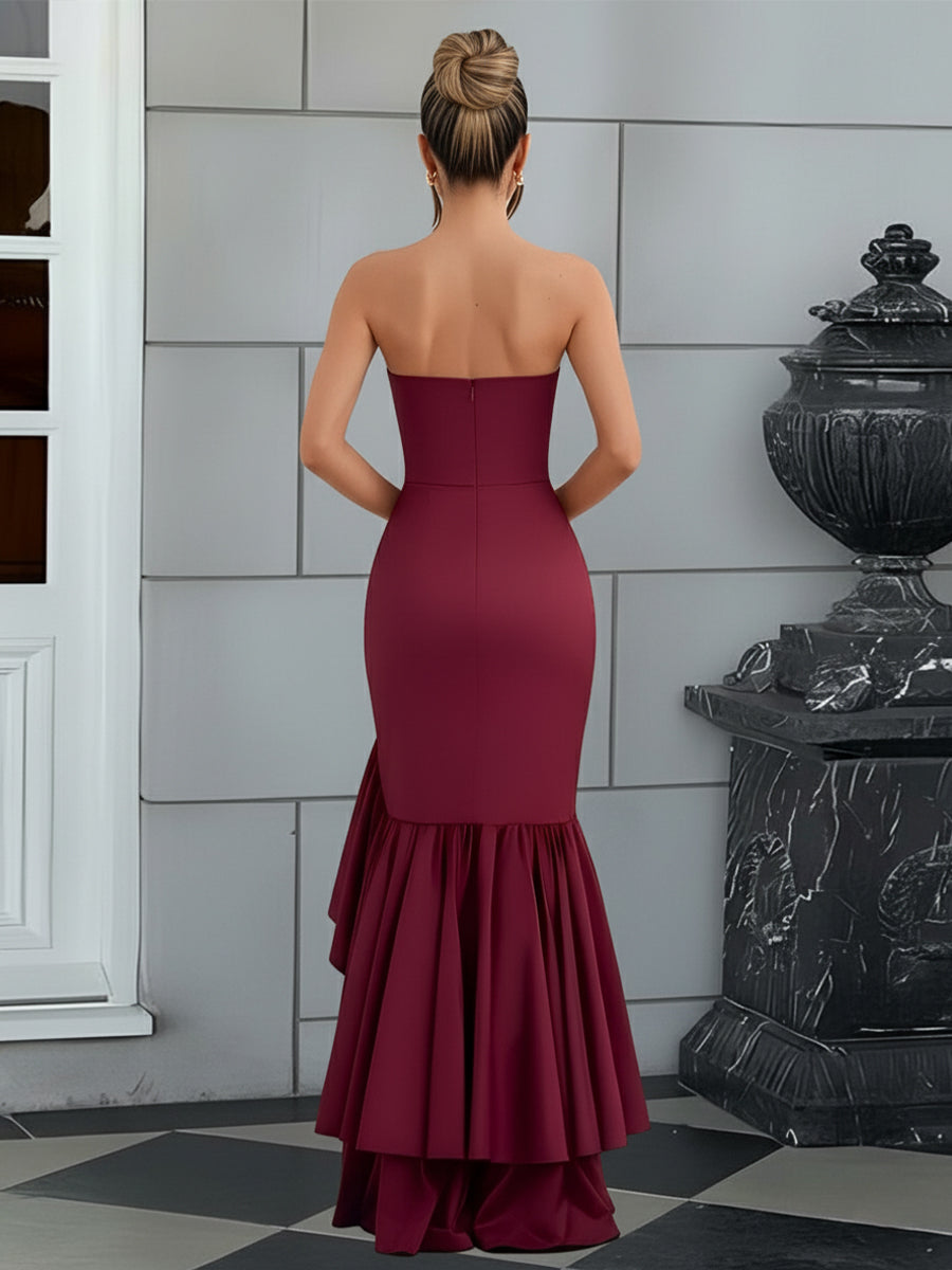 Bodycon Sleeveless Floor-Length Prom Dresses with Ruffle Slit