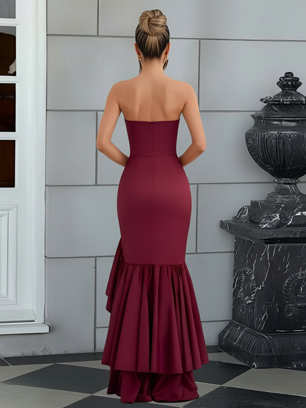 Bodycon Sleeveless Floor-Length Prom Dresses with Ruffle Slit Women Formal Gowns