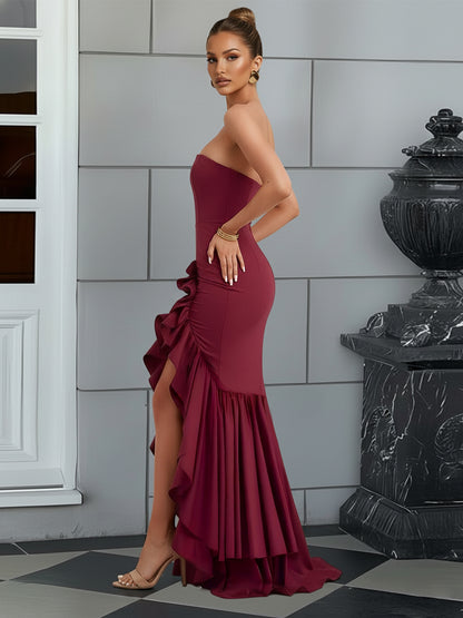 Bodycon Sleeveless Floor-Length Prom Dresses with Ruffle Slit