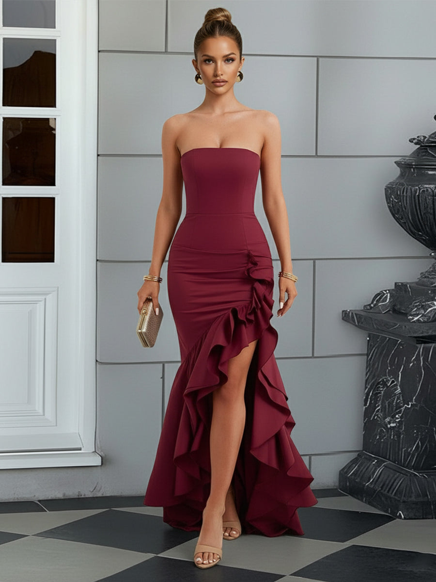 Bodycon Sleeveless Floor-Length Prom Dresses with Ruffle Slit