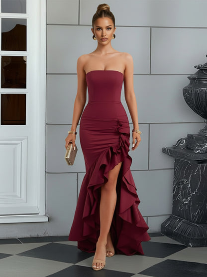 Bodycon Sleeveless Floor-Length Prom Dresses with Ruffle Slit