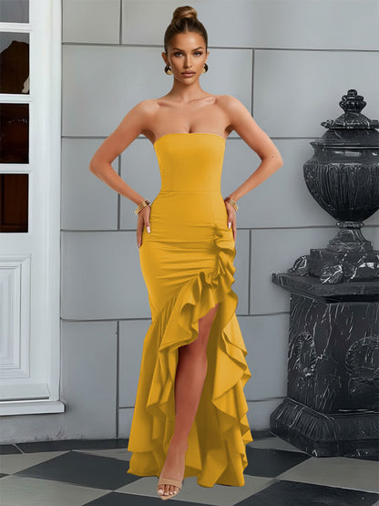 Bodycon Sleeveless Floor-Length Prom Dresses with Ruffle Slit