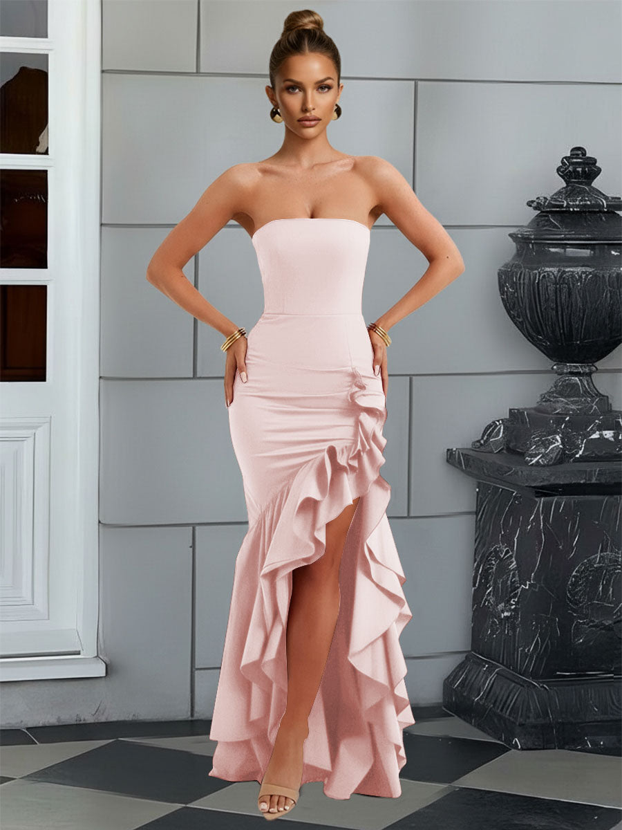 Bodycon Sleeveless Floor-Length Prom Dresses with Ruffle Slit
