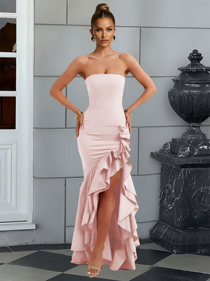 Bodycon Sleeveless Floor-Length Prom Dresses with Ruffle Slit
