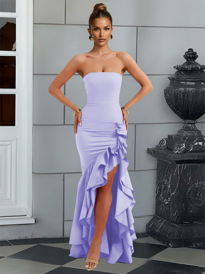 Bodycon Sleeveless Floor-Length Prom Dresses with Ruffle Slit