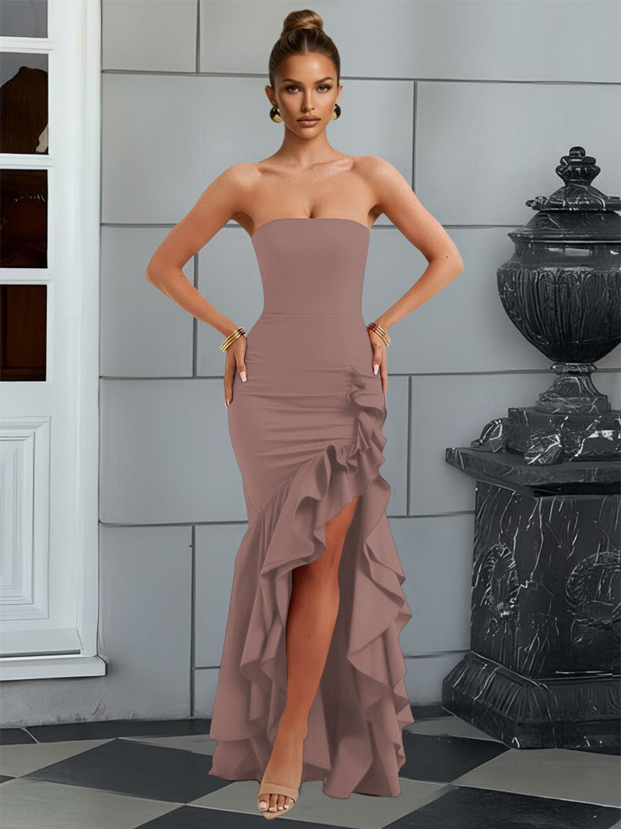 Bodycon Sleeveless Floor-Length Prom Dresses with Ruffle Slit