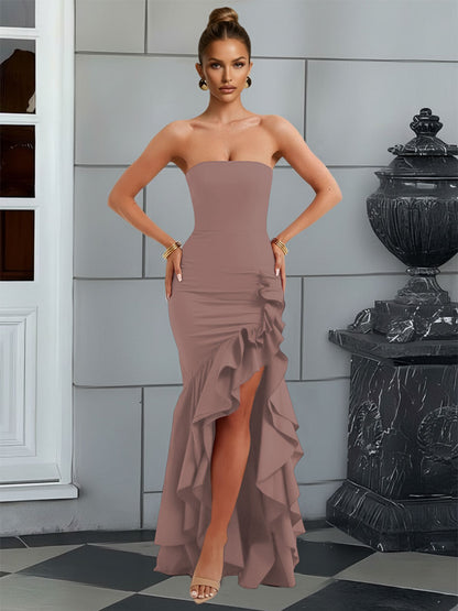 Bodycon Sleeveless Floor-Length Prom Dresses with Ruffle Slit