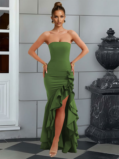 Bodycon Sleeveless Floor-Length Prom Dresses with Ruffle Slit