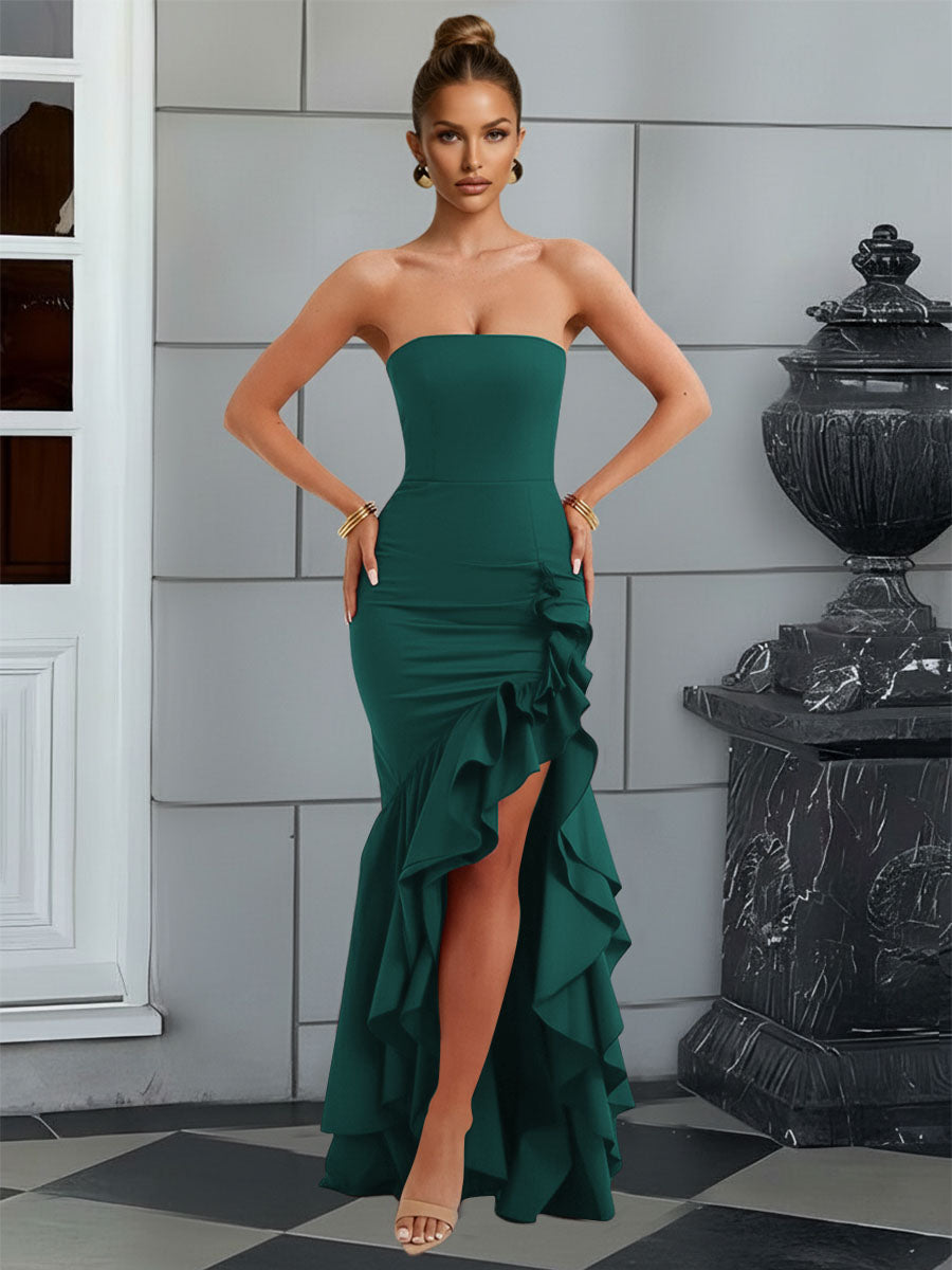 Bodycon Sleeveless Floor-Length Prom Dresses with Ruffle Slit