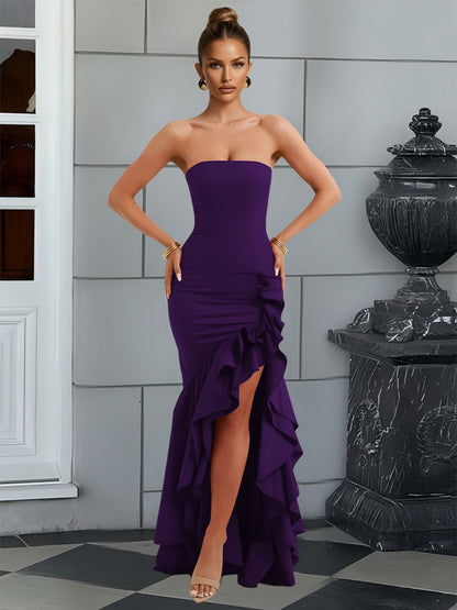 Bodycon Sleeveless Floor-Length Prom Dresses with Ruffle Slit
