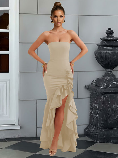 Bodycon Sleeveless Floor-Length Prom Dresses with Ruffle Slit