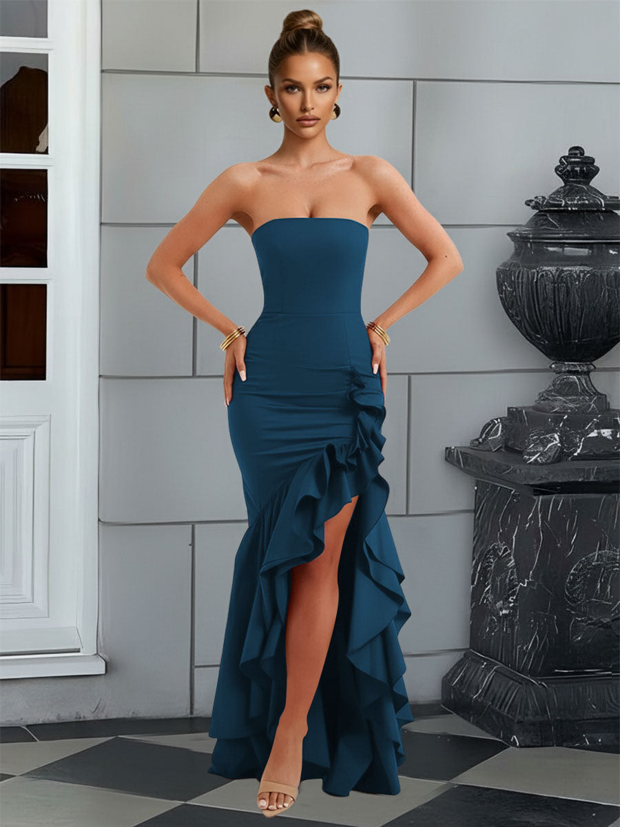 Bodycon Sleeveless Floor-Length Prom Dresses with Ruffle Slit