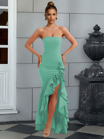 Bodycon Sleeveless Floor-Length Prom Dresses with Ruffle Slit