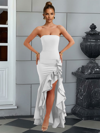Bodycon Sleeveless Floor-Length Prom Dresses with Ruffle Slit