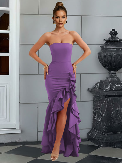 Bodycon Sleeveless Floor-Length Prom Dresses with Ruffle Slit