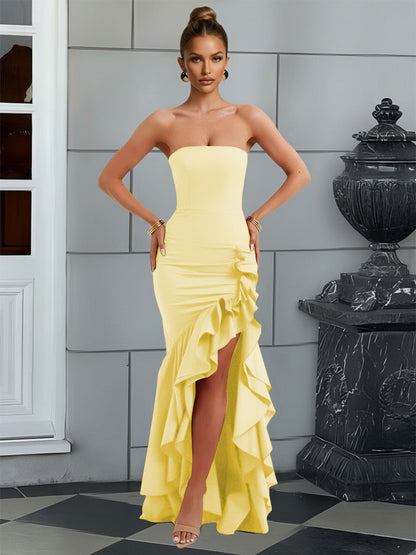 Bodycon Sleeveless Floor-Length Prom Dresses with Ruffle Slit