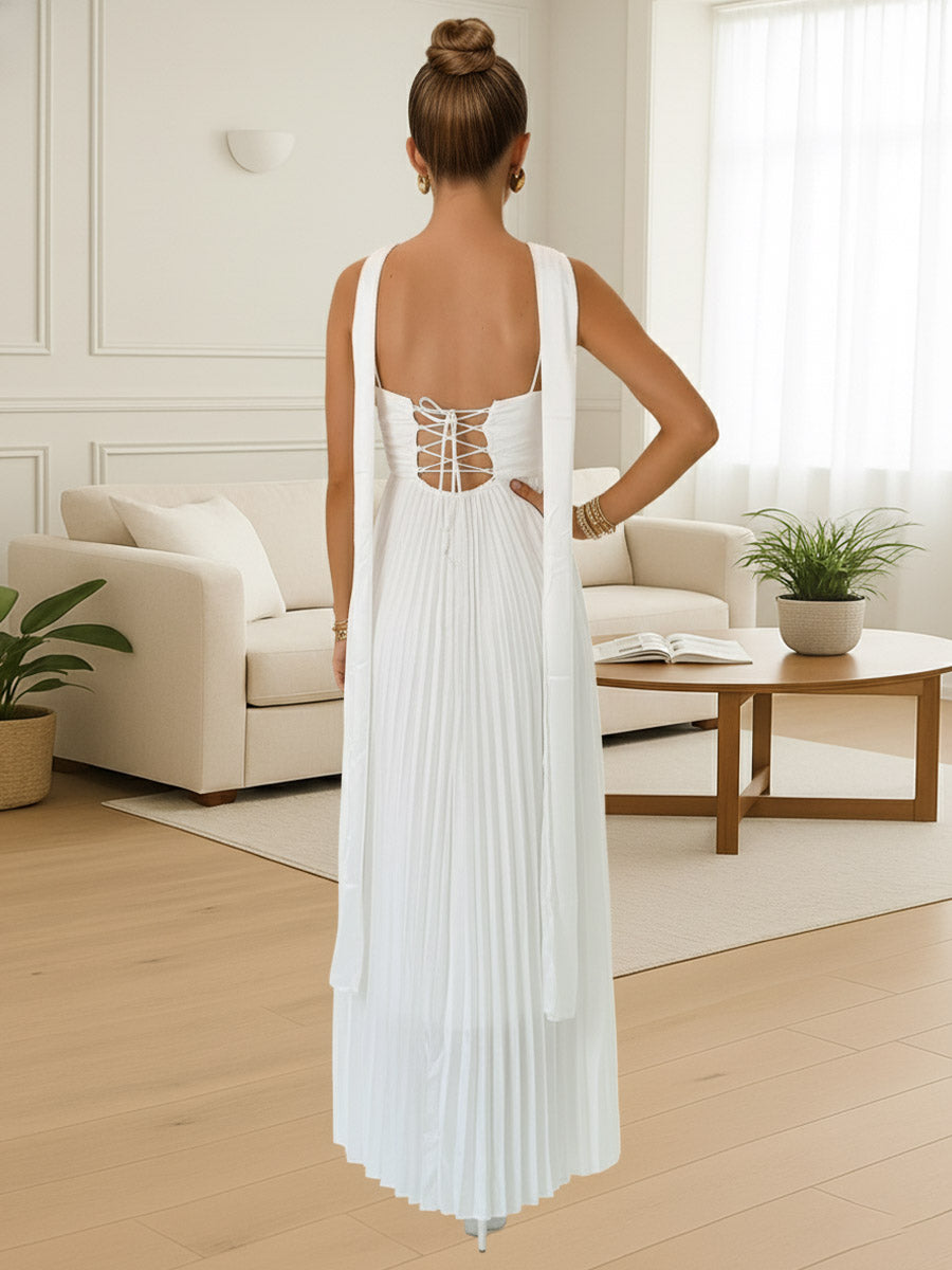 A-Line/Princess Strapless Floor-Length Prom Dresses with Scarf Women Formal Gowns