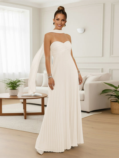 A-Line/Princess Strapless Floor-Length Prom Dresses with Scarf