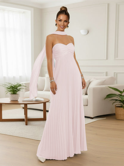 A-Line/Princess Strapless Floor-Length Prom Dresses with Scarf