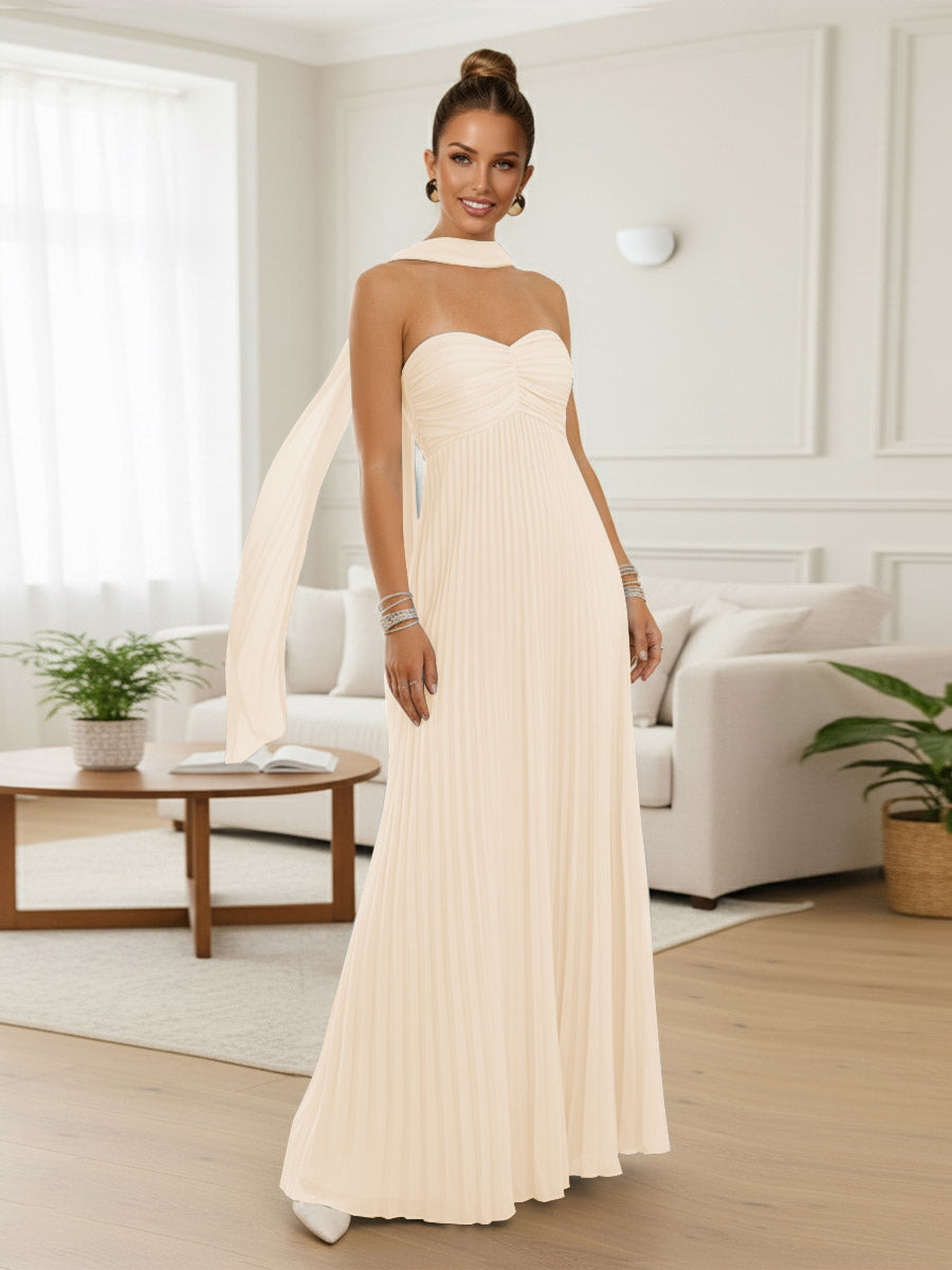 A-Line/Princess Strapless Floor-Length Prom Dresses with Scarf