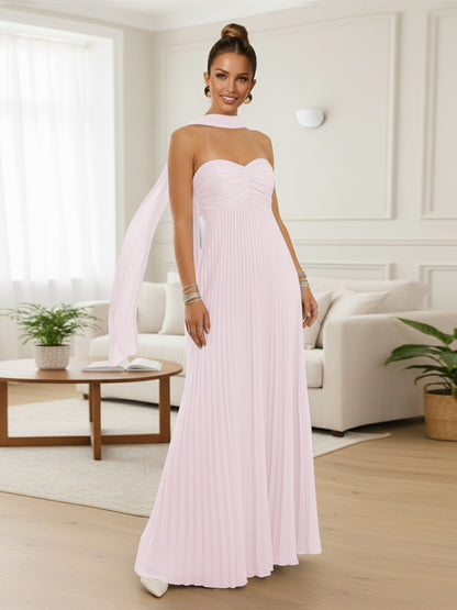 A-Line/Princess Strapless Floor-Length Prom Dresses with Scarf