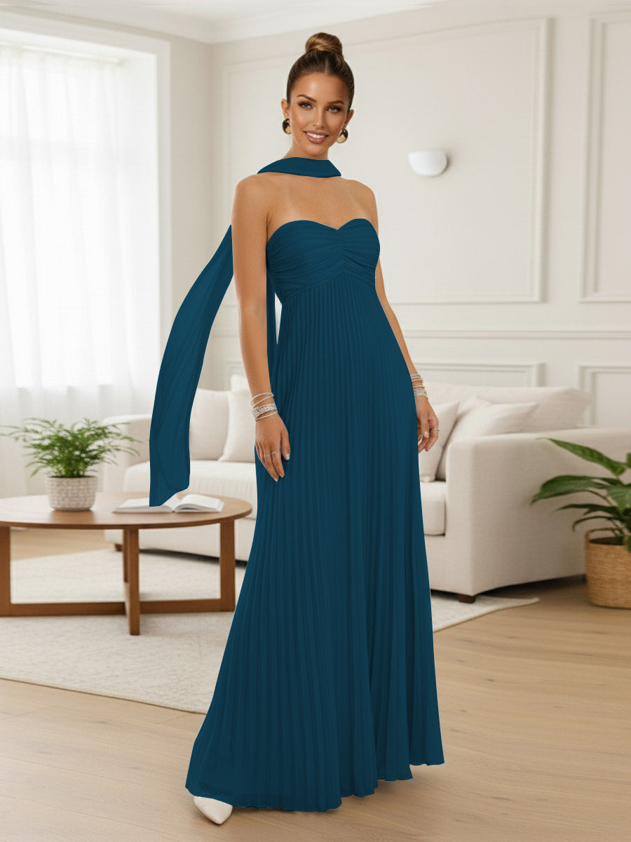 A-Line/Princess Strapless Floor-Length Prom Dresses with Scarf