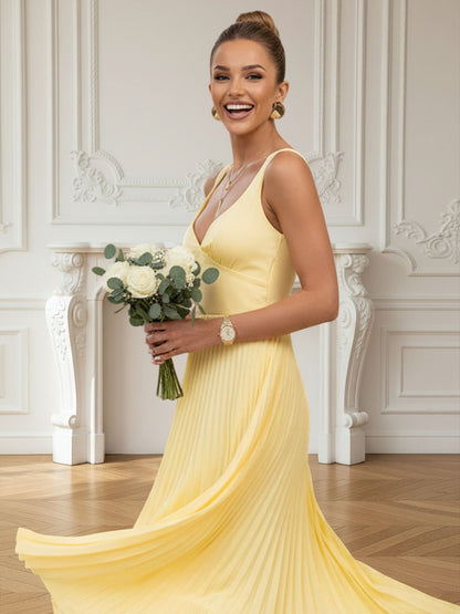 A-Line/Princess Spaghetti Strap Pleated Satin Floor-Length Prom Dresses