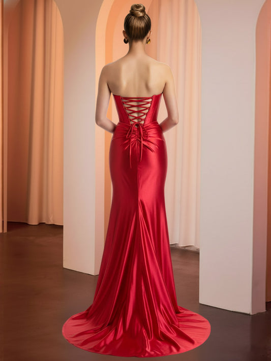 Cut-Out Mermaid Sleeveless Prom Dresses Satin with Train