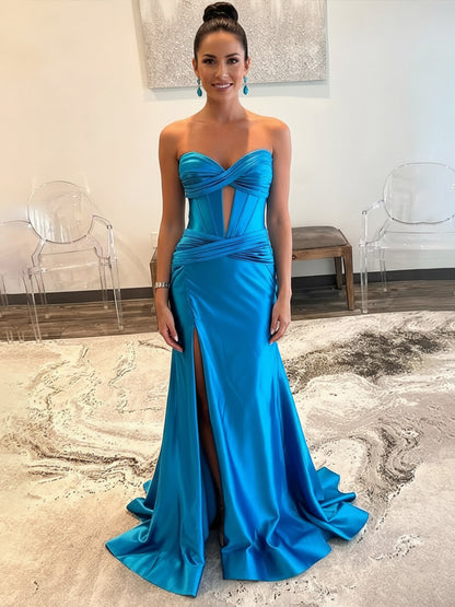 Cut-Out Mermaid Sleeveless Prom Dresses Satin with Train