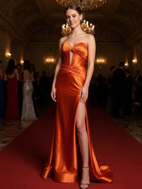 Cut-Out Sheath/Column Sleeveless Prom Dresses Satin with Train