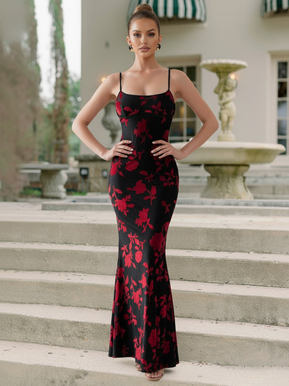 Burnout Floral Spaghetti Strap Mermaid Sleeveless Prom Dresses