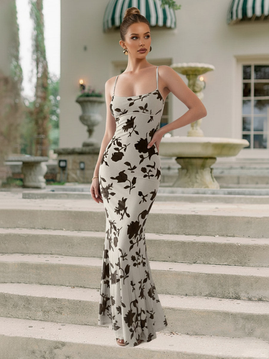 Burnout Floral Spaghetti Strap Mermaid Sleeveless Prom Dresses