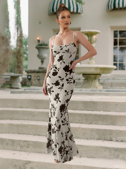 Burnout Floral Spaghetti Strap Mermaid Sleeveless Prom Dresses