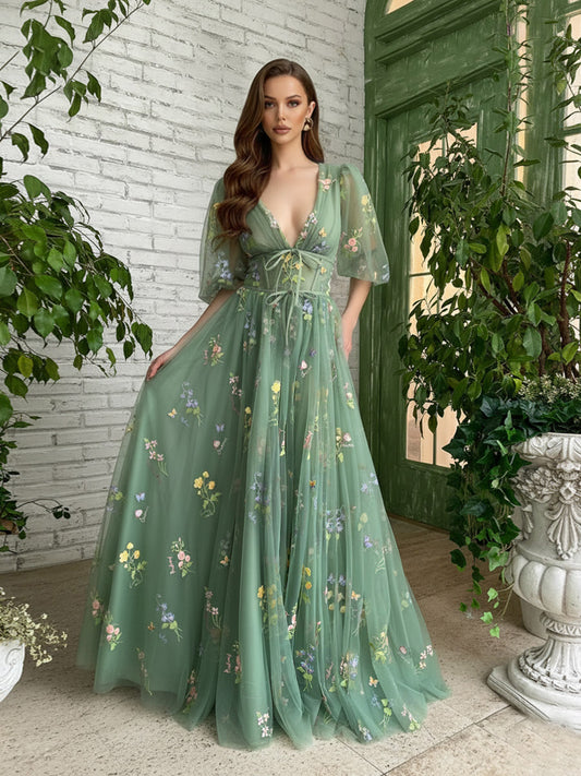 A Line/Princess Deep V-Neck Fair Prom Dresses with Flowers Green Fancy Dress