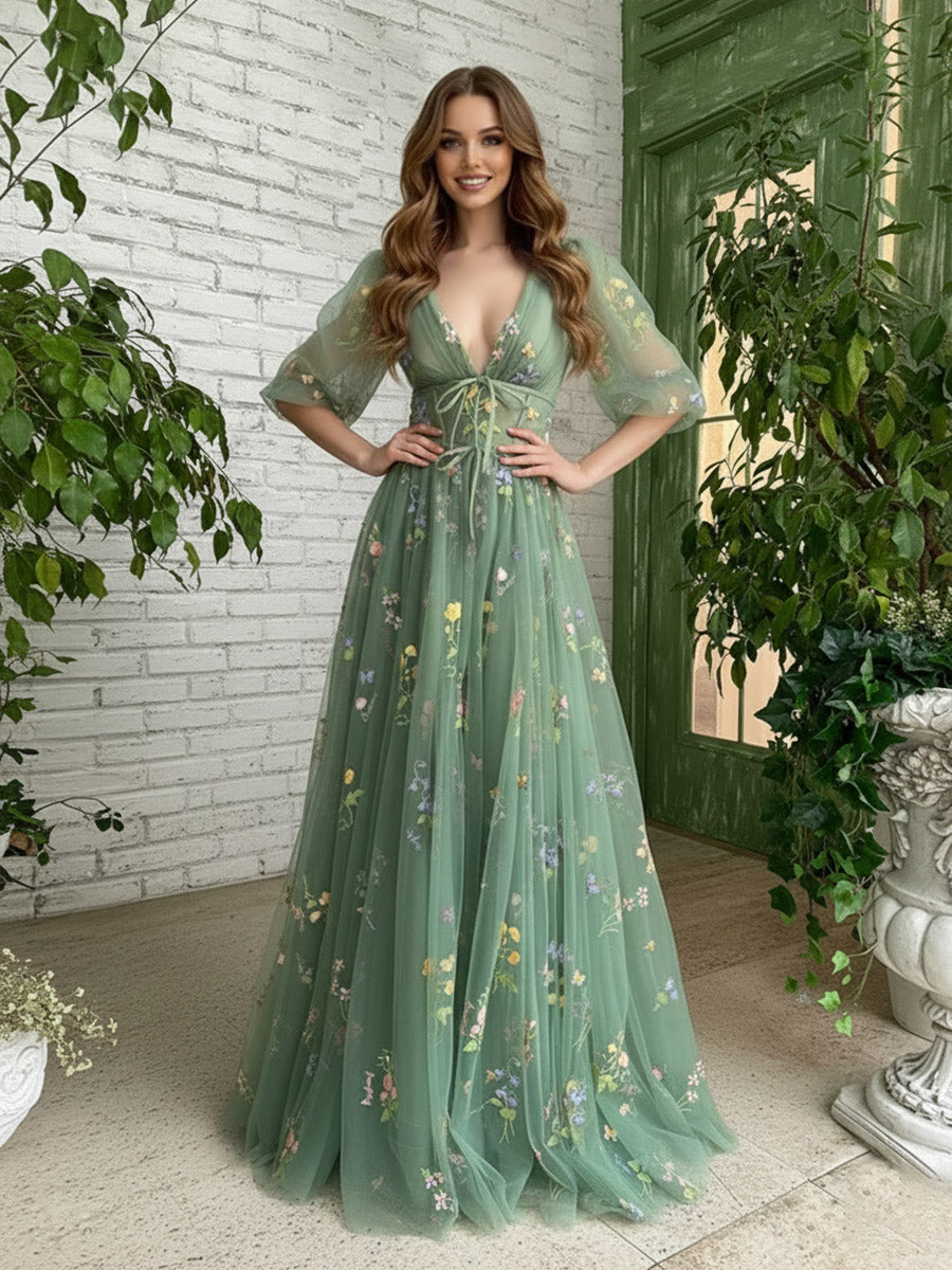A Line/Princess Deep V-Neck Fair Prom Dresses with Flowers Green Fancy Dress