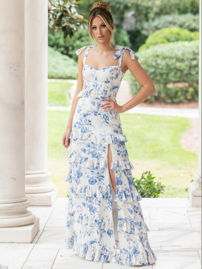 Ruffle A Line/Princess Floral Bow Straps Tiered Prom Dresses with Belt