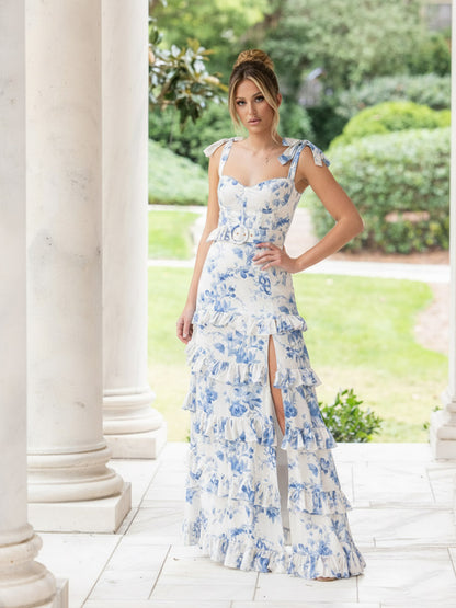 Ruffle A Line/Princess Floral Bow Straps Tiered Prom Dresses with Belt