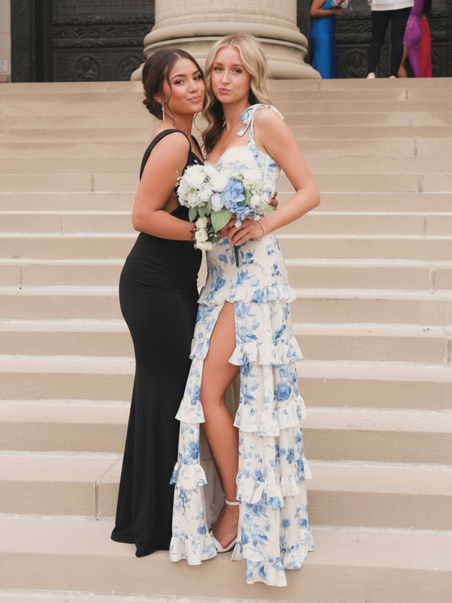 Ruffle A Line/Princess Floral Bow Straps Tiered Prom Dresses with Belt