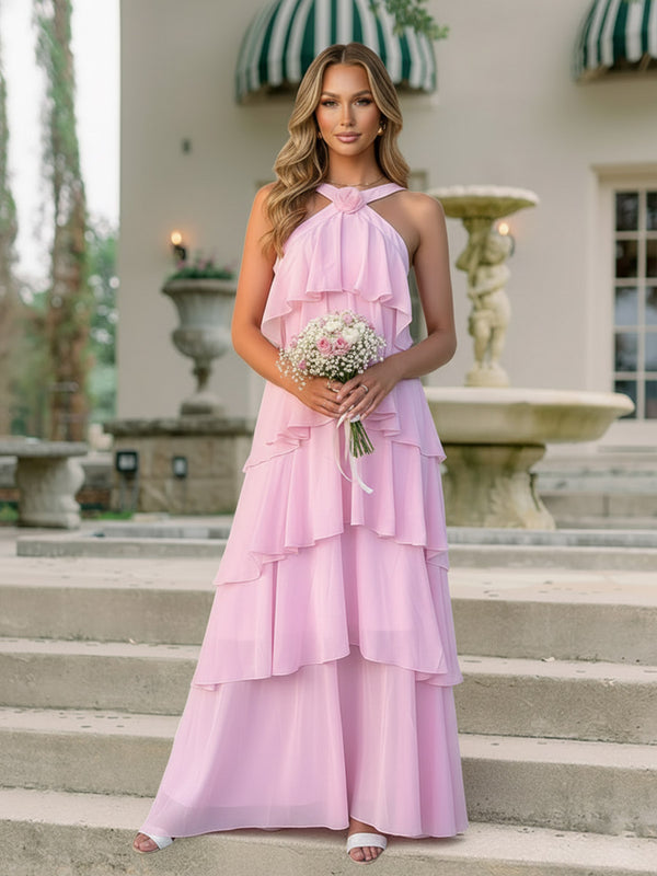 Baby Pink Formal Evening Dresses 2026 for Elegant Women A‐Line Halter Sleeveless Floor‐Length Tiered Ruffles Chiffon Wedding Guest Gown with 3D Flower