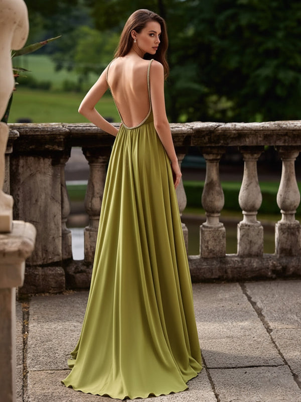 Mermaid Satin Sleeveless Floor-Length Evening Dresses with Side Slit