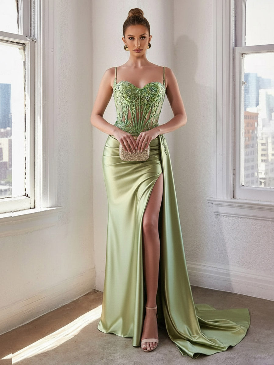 Glitter Spaghetti Strap Floor-Length Prom Dresses with Lace Appliques