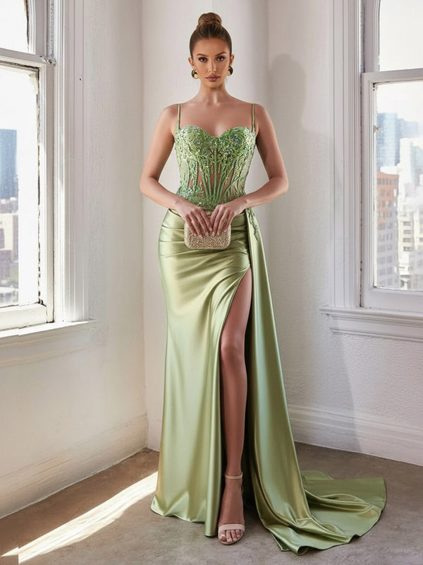 Glitter Spaghetti Strap Floor-Length Prom Dresses with Lace Appliques