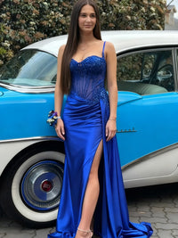 Glitter Spaghetti Strap Floor-Length Prom Dresses with Lace Appliques