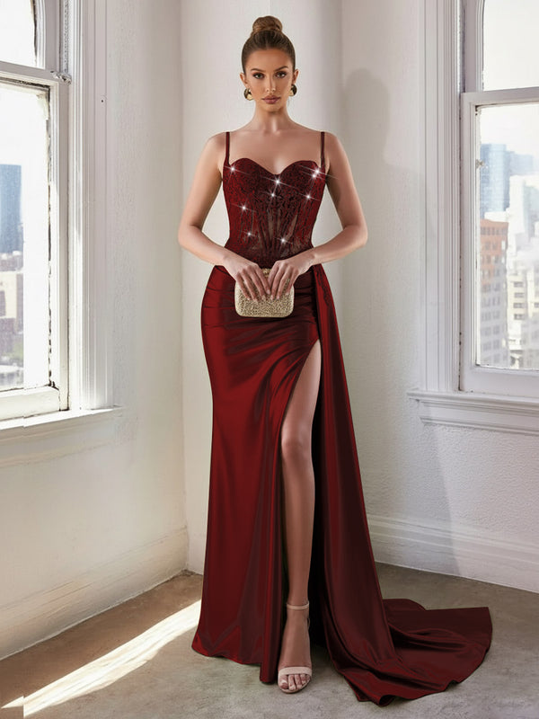 Glitter Spaghetti Strap Floor-Length Prom Dresses with Lace Appliques
